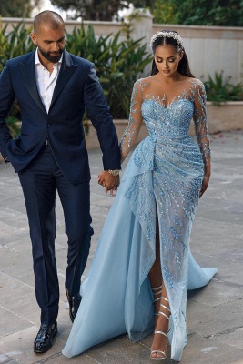 Stunning Sky Blue Glitter Crystals Evening Dress Long Sleeves with Side Sweep Train_2