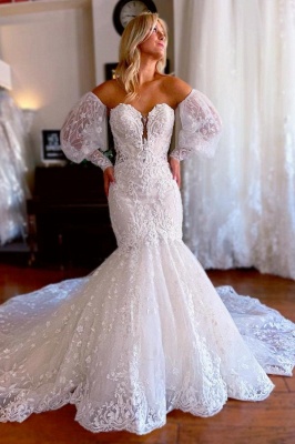 Sleeveless Sweetheart White Mermaid Wedding Gown Tulle Lace Appliques Bridal Dress_3