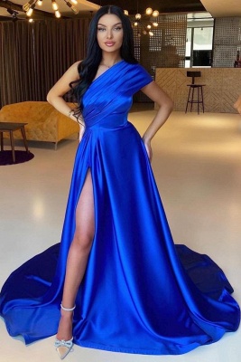 Royal Blue One Shoulder Ruched Satin Evening Party Dress Side Split Prom Dress_1