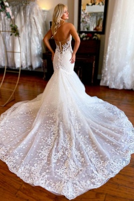 Sleeveless Sweetheart White Mermaid Wedding Gown Tulle Lace Appliques Bridal Dress_2