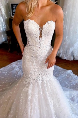 Sleeveless Sweetheart White Mermaid Wedding Gown Tulle Lace Appliques Bridal Dress_5