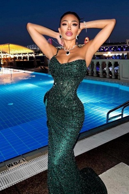 Sexy One Shoulder Glitter Sequined Mermaid Evening Party Dress Dark Green Sweetheart Prom Dress_3