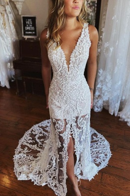 Simple Deep V-Meck Floral Lace Mermaid Wedding Dress_3