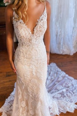 Elegante vestido de novia de sirena de encaje floral blanco Vestido de novia con cuello en V_3