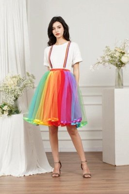 Rainbow Knee Length Skirt Layered Tulle Skirt Girls Colorful Costumes_7