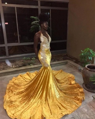 Backless Sexy Mermaid Prom Dresses Long | Sleeveless Gold  Formal Dress with Appliques_2