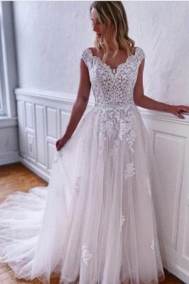 Elegantes Blumenspitze-Aline-Hochzeitskleid mit langen Flügelärmeln für die Braut_1