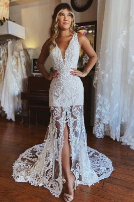 Simple Deep V-Meck Floral Lace Mermaid Wedding Dress_1