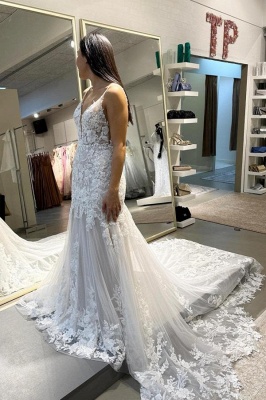 Elegantes Meerjungfrau-Brautkleid aus Tüll mit V-Ausschnitt, ärmelloses Brautkleid mit floraler Spitze_1