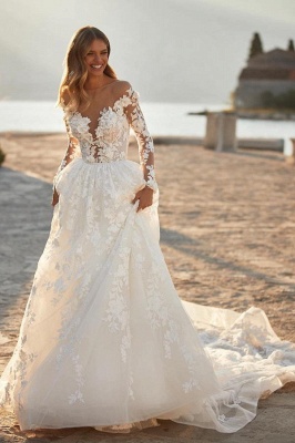 Long Sleeves Aline Wedding Dress Elegant Floral Lace Tulle Bridal Dress_4