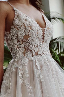 Elegant White Floral Lace Tulle Wedding Dress Aline Sleeveless V-Neck Bridal Dress_4