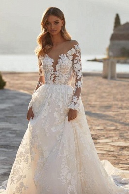 Long Sleeves Aline Wedding Dress Elegant Floral Lace Tulle Bridal Dress_3