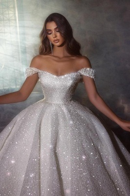 Precioso vestido de novia con lentejuelas brillantes y hombros descubiertos, vestido de novia blanco_2