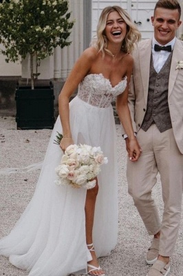 Vestido de novia sencillo de tul sin tirantes con escote corazón Vestido de novia sin mangas para mujer_3