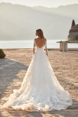Robe de mariée Aline à manches longues Robe de mariée en dentelle florale élégante en tulle_2
