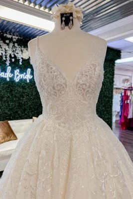 Elegant V-Neck Floral Lace Wedding Dress Aline Spaghetti Straps Long Bridal Dress_3