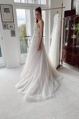 Elegant White Floral Lace Tulle Wedding Dress Aline Sleeveless V-Neck Bridal Dress_2