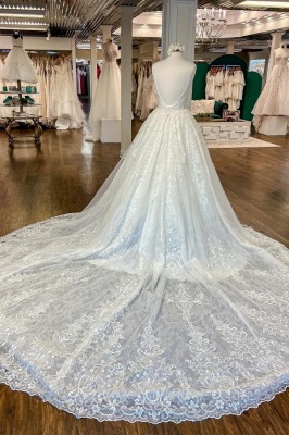 Elegant V-Neck Floral Lace Wedding Dress Aline Spaghetti Straps Long Bridal Dress_4