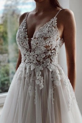 Elegant White Floral Lace Tulle Wedding Dress Aline Sleeveless V-Neck Bridal Dress_1