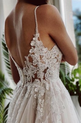 Elegant White Floral Lace Tulle Wedding Dress Aline Sleeveless V-Neck Bridal Dress_3