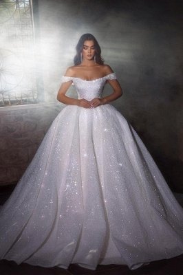 Precioso vestido de novia con lentejuelas brillantes y hombros descubiertos, vestido de novia blanco
