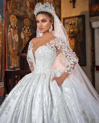 Gorgeous Long Sleeves Bridal Gown V-Neck Floral Lace Satin Wedding Dress Aline_4