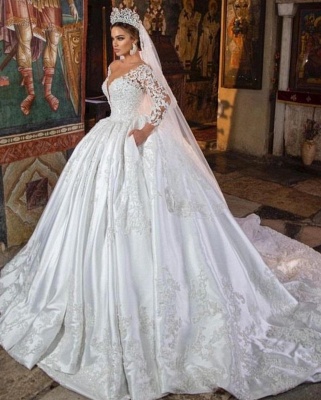 Gorgeous Long Sleeves Bridal Gown V-Neck Floral Lace Satin Wedding Dress Aline_3