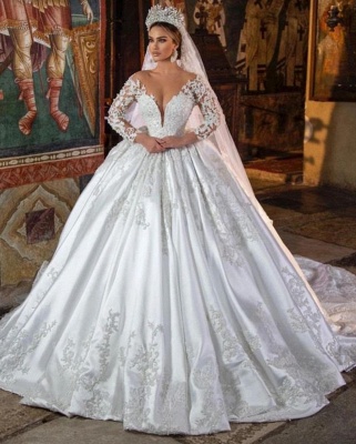 Magnifique robe de mariée à manches longues col en V dentelle florale robe de mariée en satin Aline_2