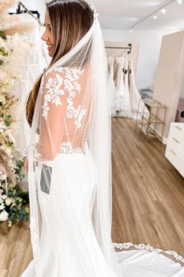 Lange Ärmel, weißes Meerjungfrau-Hochzeitskleid, florale Spitzenapplikationen, U-Ausschnitt, Brautkleid_3