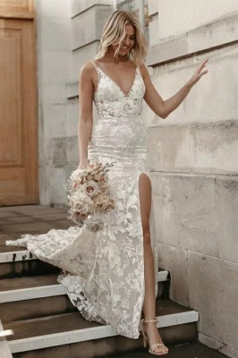 V-Neck Floral Lace Mermaid Bridal Dress Sleeveless Side Split Wedding Dress_1