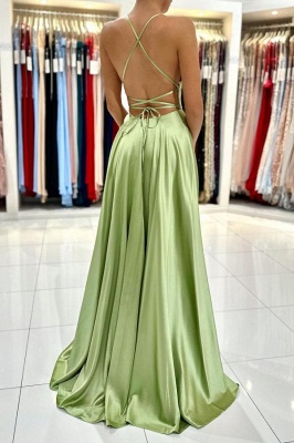 Charming Sage Spaghetti Straps Simple Long Evening Dress with Side Split Backless_4