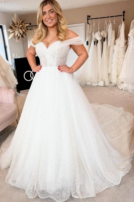 Off-the-Shoulder White Pearls Aline Wedding Dress Sweetheart Bridal Dress_1