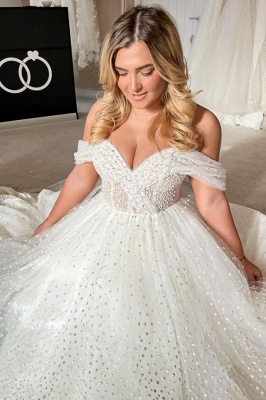 Off-the-Shoulder White Pearls Aline Wedding Dress Sweetheart Bridal Dress_3