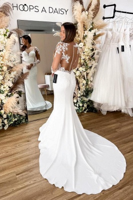 Lange Ärmel, weißes Meerjungfrau-Hochzeitskleid, florale Spitzenapplikationen, U-Ausschnitt, Brautkleid_2