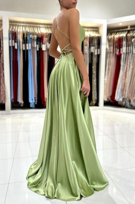 Charming Sage Spaghetti Straps Simple Long Evening Dress with Side Split Backless_3