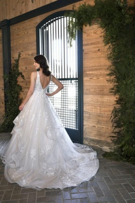 Vestido de novia de encaje floral elegante con escote en V profundo Sin mangas Vestido de novia de tul Aline_2