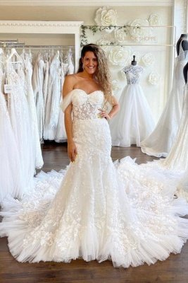 Gorgeous Sweetheart Floral Tulle Mermaid Bridal Gown Off-the-Shoulder Wedding Dress_1