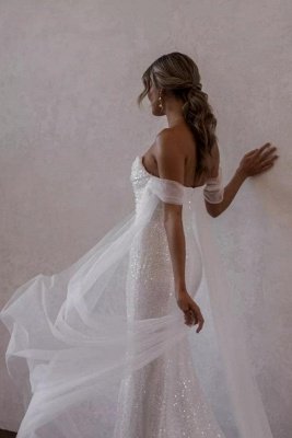 Off-the-Shoulder Sequins Wedding Dress side Split Design_4