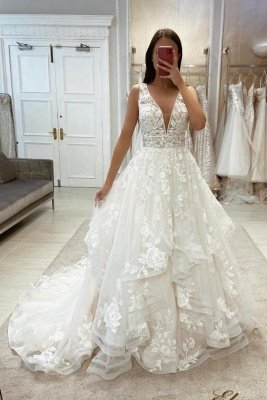 Tiefer V-Ausschnitt, elegantes Blumenspitze-Hochzeitskleid, ärmelloses Aline-Tüll-Brautkleid_1