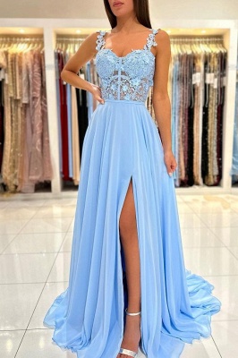 Sky Blue Sweetheart 3D Flower Long Evening Dress with Straps Chiffon Aline Prom Dress_3