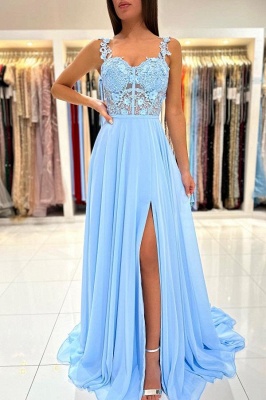 Sky Blue Sweetheart 3D Flower Long Evening Dress with Straps Chiffon Aline Prom Dress_2