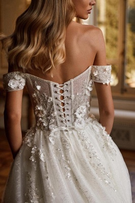 Amazing Off-the-Shoulder Glitter Church Wedding Dress 3D Flower Lace-up Design_4