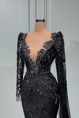 Stylish Black Aline Mermaid Evening Dress Deep V-Neck Beadings Long Sleeves Prom Dress_3