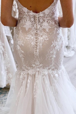 Elegant Deep V-Neck Mermaid Bridal Gown Floral Lace Tull Wedding Dress_4
