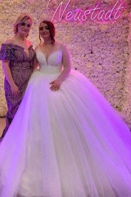 Magnífico vestido de novia de manga larga Aline con lentejuelas brillantes y escote redondo_1