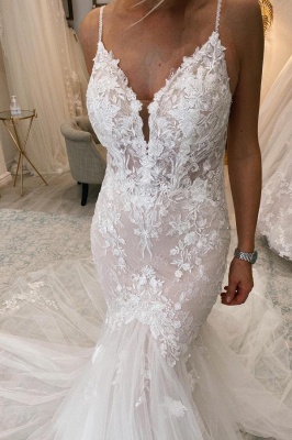 Elegante vestido de novia de sirena con escote en V profundo Vestido de novia de tul con encaje floral_5