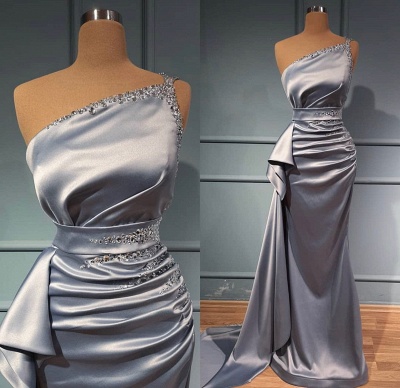 Charmante robe de bal sirène en satin argenté à une épaule avec perles_3