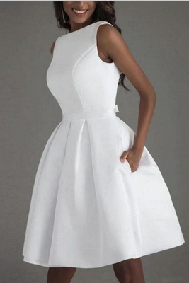 Scoop Neck Satin Short Wedding Dress Ankle Length Bride Dress_4