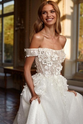 Amazing Off-the-Shoulder Glitter Church Wedding Dress 3D Flower Lace-up Design_3