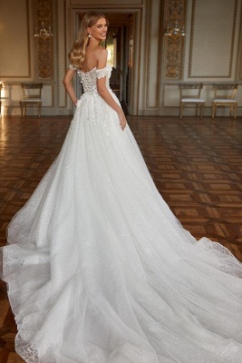Incroyable robe de mariée d'église scintillante à épaules dénudées Conception à lacets de fleurs 3D_2